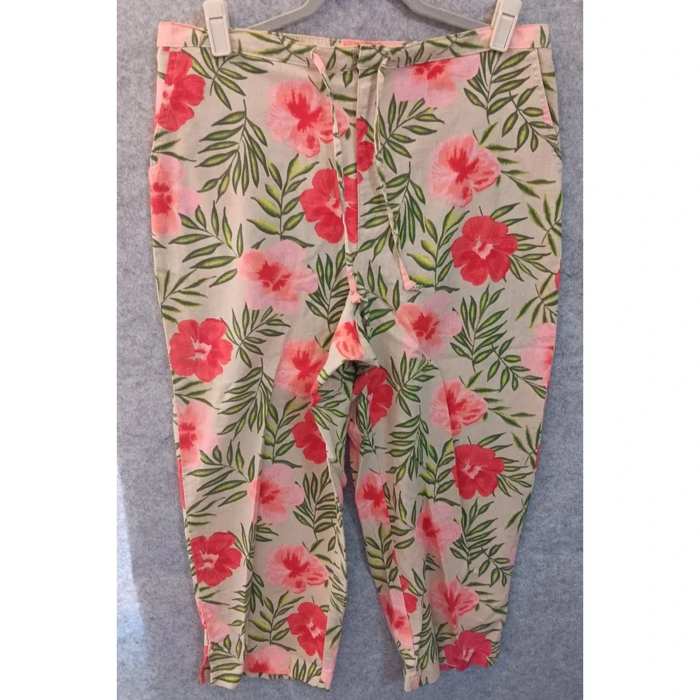 Covington Pants Women 12 Tan Floral Linen Blend Cropped Lightweight 34x24 NWOT